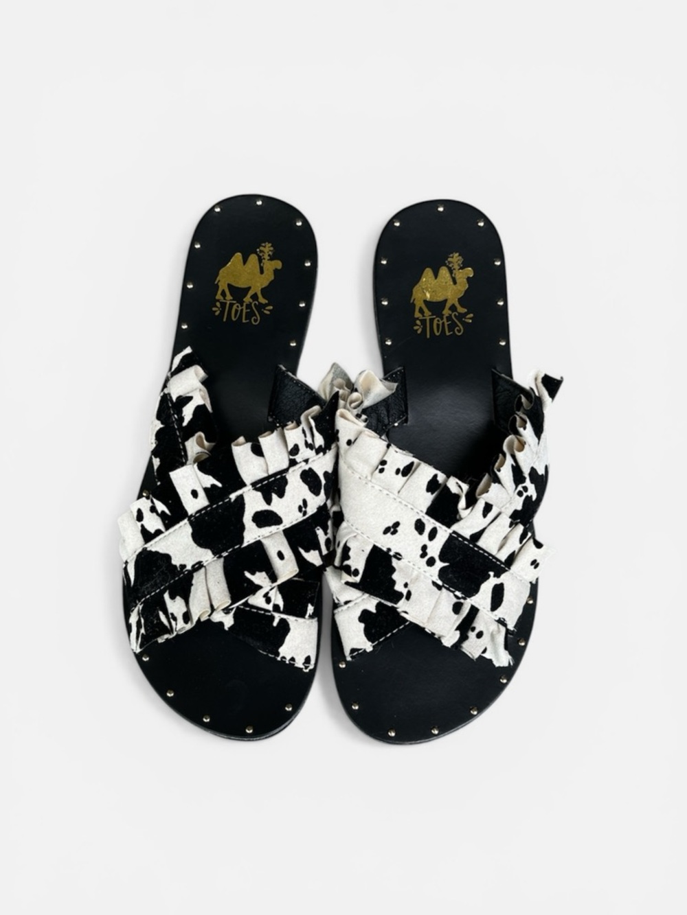 Camel Threads Ruffled Cow Print Slide Sandal Size 7 - Picture 7 of 8